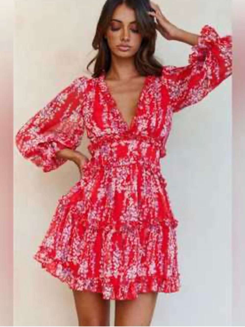 Saints & Secrets  Boho Red Floral Mini V Neck Open back Tiered Festival Dress L